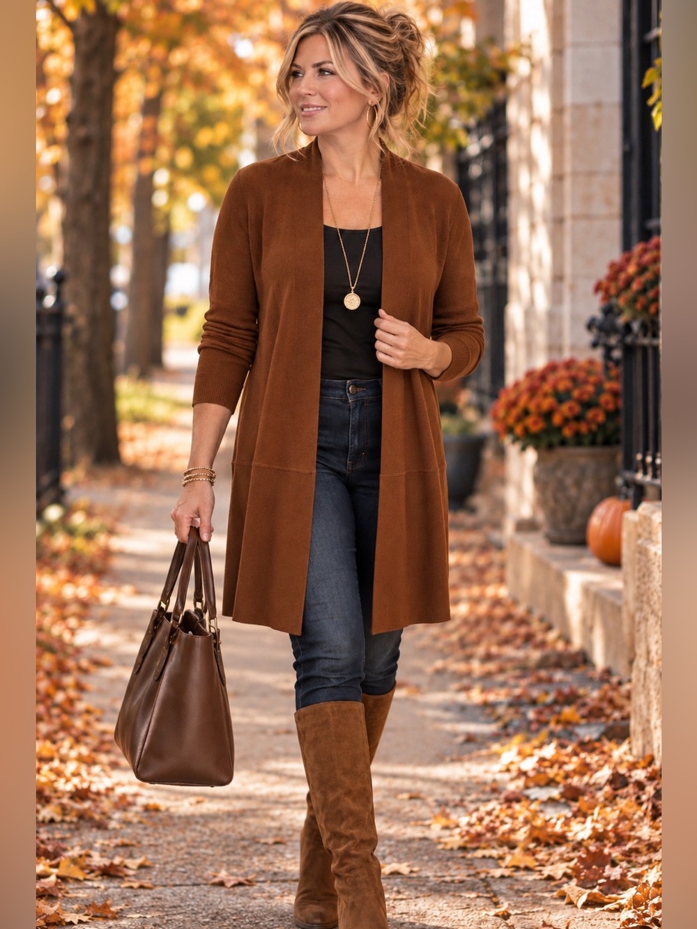 🍁Sleek Open-Front Anne Klein Women's Cardigan Sweater in Warm Orange.